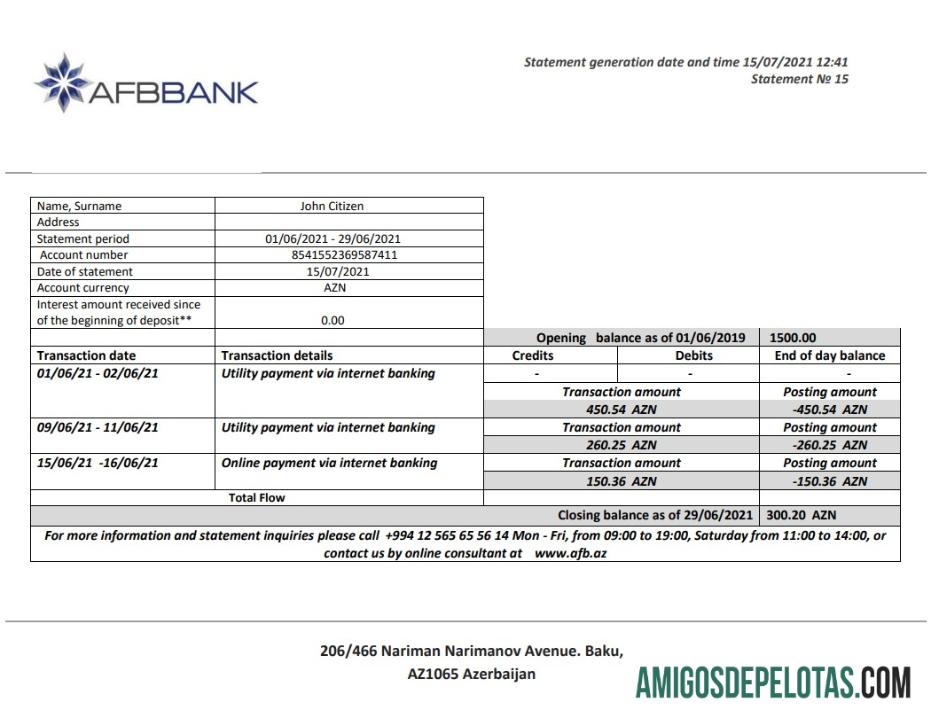 Azerbaijan Afbbank extrato bancário amostra